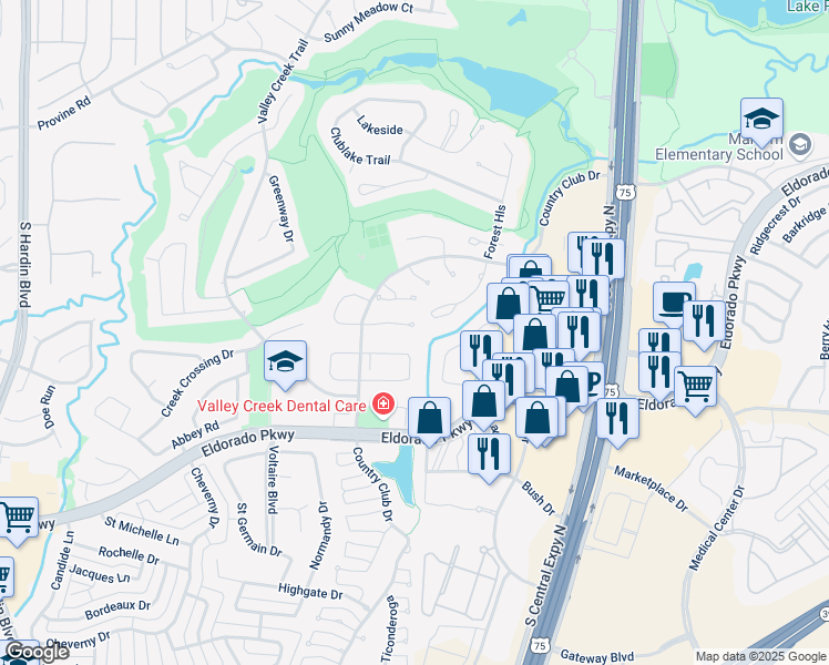 map of restaurants, bars, coffee shops, grocery stores, and more near 2815 Colonial Circle in McKinney