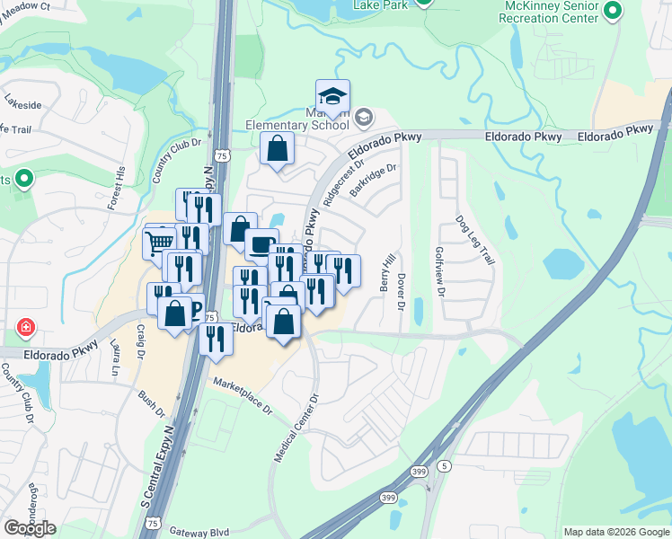 map of restaurants, bars, coffee shops, grocery stores, and more near 1408 Meadowbrook Drive in McKinney