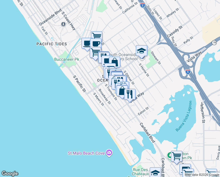 map of restaurants, bars, coffee shops, grocery stores, and more near 1833 South Coast Highway in Oceanside