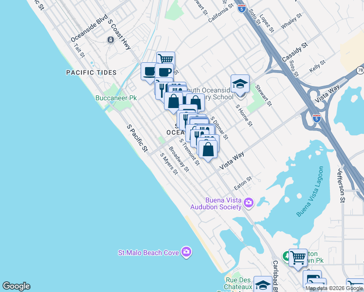 map of restaurants, bars, coffee shops, grocery stores, and more near 1810 Broadway Street in Oceanside