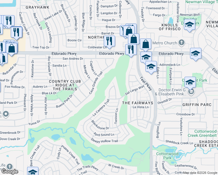 map of restaurants, bars, coffee shops, grocery stores, and more near 11577 La Cantera Trail in Frisco
