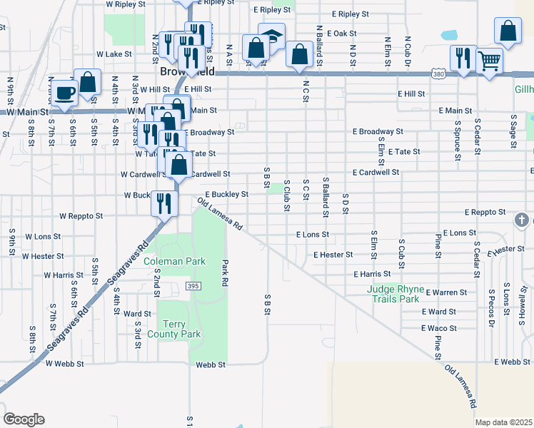 map of restaurants, bars, coffee shops, grocery stores, and more near 600 East Reppto Street in Brownfield