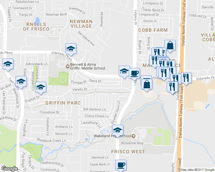 map of restaurants, bars, coffee shops, grocery stores, and more near 4388 Veneto Drive in Frisco