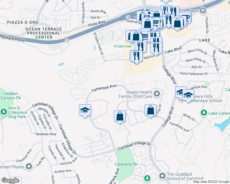 map of restaurants, bars, coffee shops, grocery stores, and more near 3628 Milford Place in Carlsbad