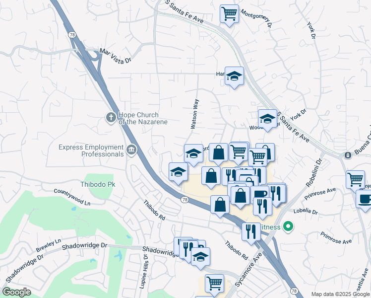 map of restaurants, bars, coffee shops, grocery stores, and more near 1860 Watson Way in Vista