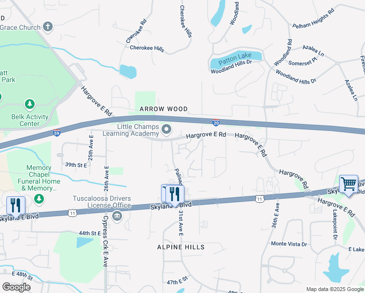map of restaurants, bars, coffee shops, grocery stores, and more near 3727 Palisades Drive in Tuscaloosa