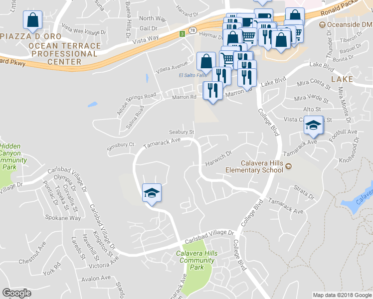 map of restaurants, bars, coffee shops, grocery stores, and more near 3620 Milford Place in Carlsbad