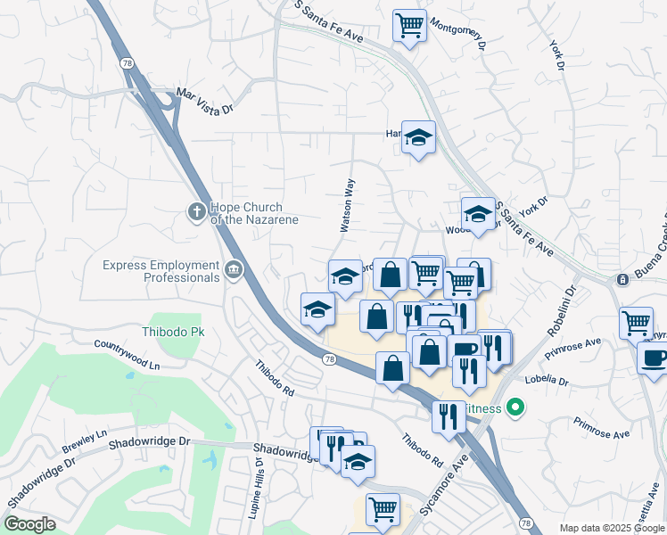 map of restaurants, bars, coffee shops, grocery stores, and more near 1860 Watson Way in Vista