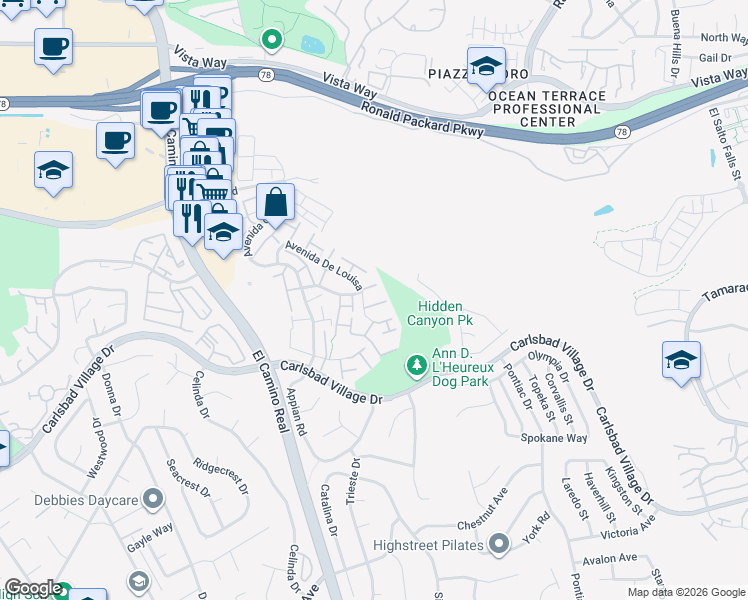 map of restaurants, bars, coffee shops, grocery stores, and more near 2808 Via Pajaro in Carlsbad