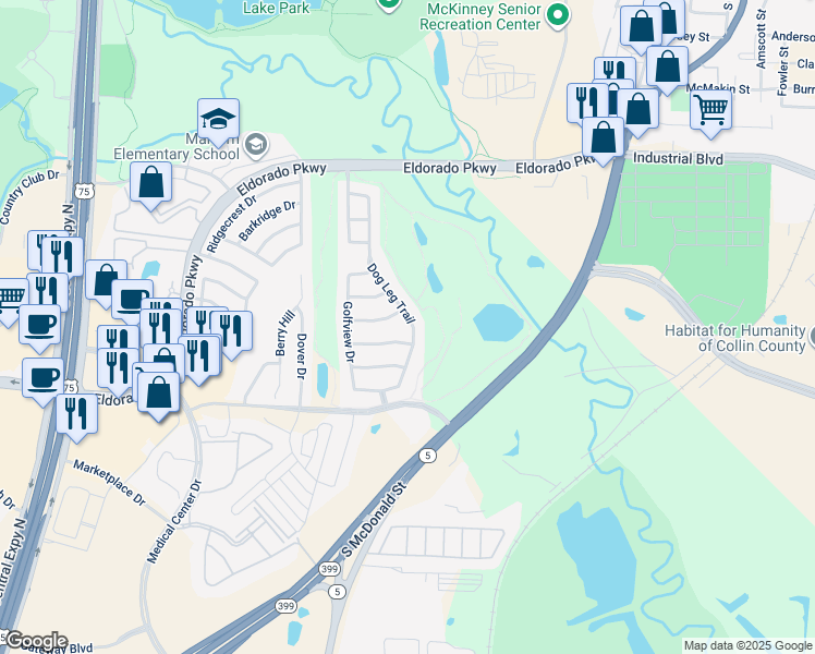 map of restaurants, bars, coffee shops, grocery stores, and more near 2808 Dog Leg Trail in McKinney