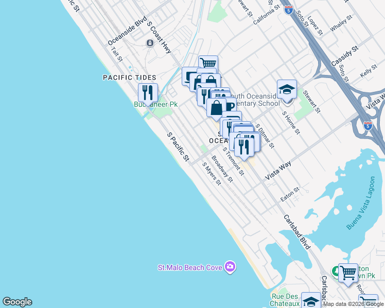 map of restaurants, bars, coffee shops, grocery stores, and more near 1741 South Myers Street in Oceanside