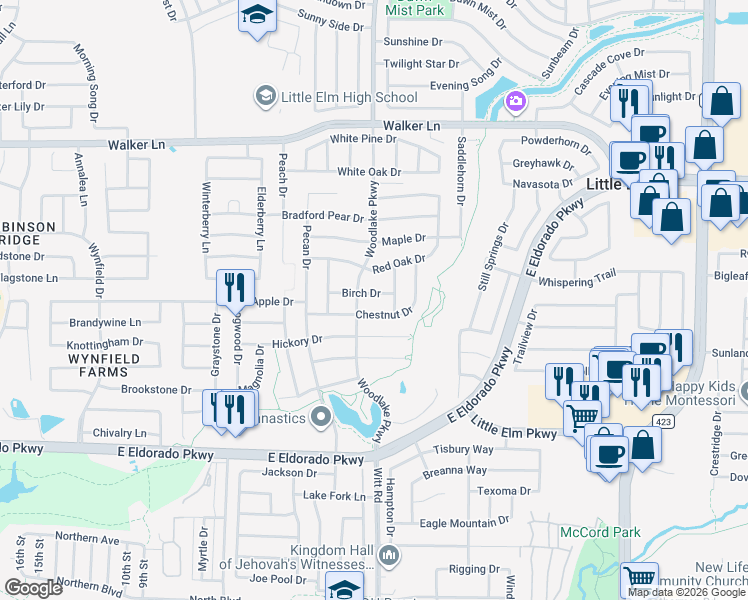 map of restaurants, bars, coffee shops, grocery stores, and more near 2312 Birch Drive in Little Elm