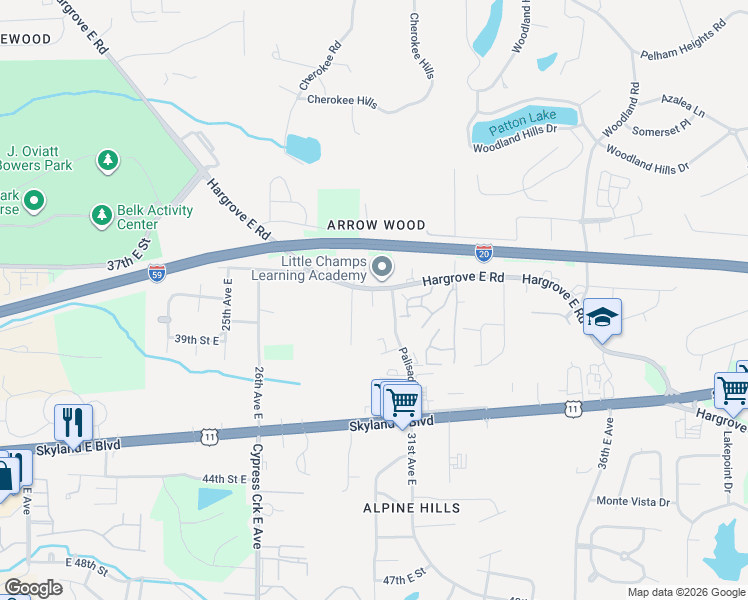 map of restaurants, bars, coffee shops, grocery stores, and more near 2925 Hargrove East Road in Tuscaloosa