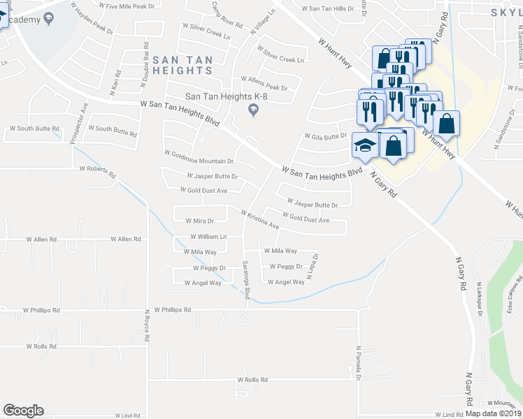 map of restaurants, bars, coffee shops, grocery stores, and more near 32460 North Cat Hills Avenue in Queen Creek