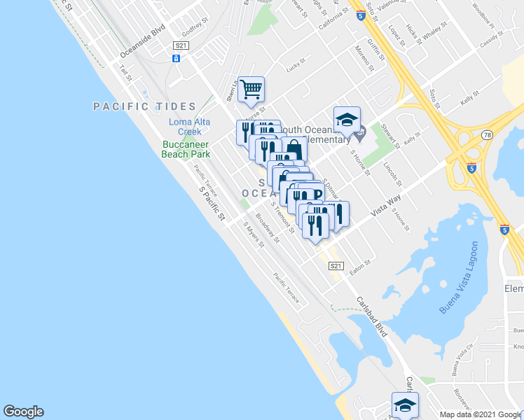 map of restaurants, bars, coffee shops, grocery stores, and more near 1810 Broadway Street in Oceanside
