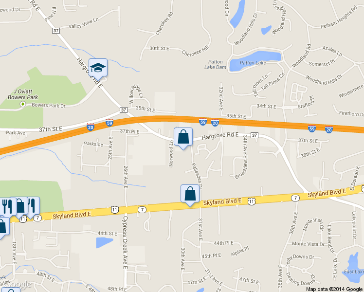map of restaurants, bars, coffee shops, grocery stores, and more near 2925 Hargrove Road East in Tuscaloosa