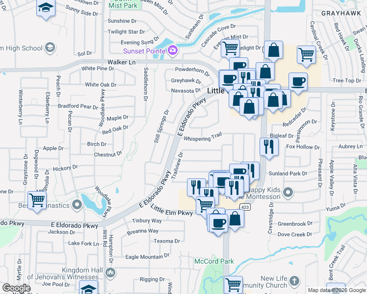 map of restaurants, bars, coffee shops, grocery stores, and more near 2601 Timberhollow Drive in Little Elm