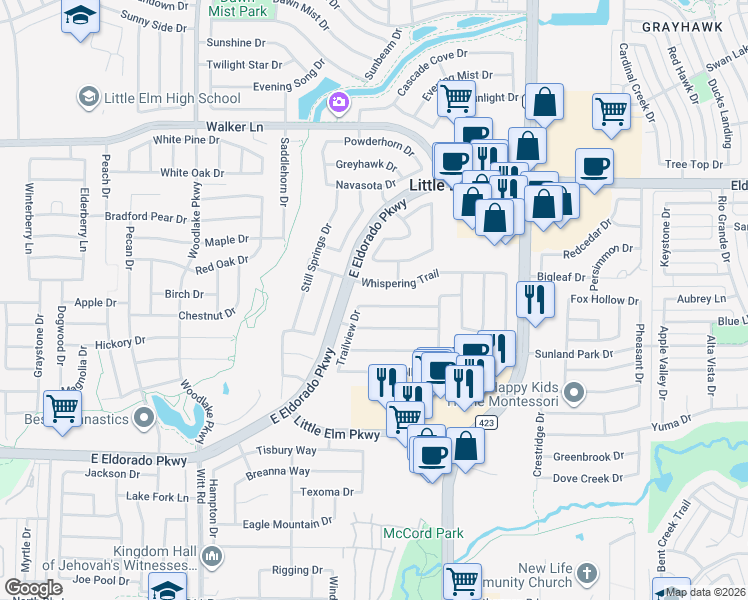 map of restaurants, bars, coffee shops, grocery stores, and more near 2613 Timberhollow Drive in Little Elm