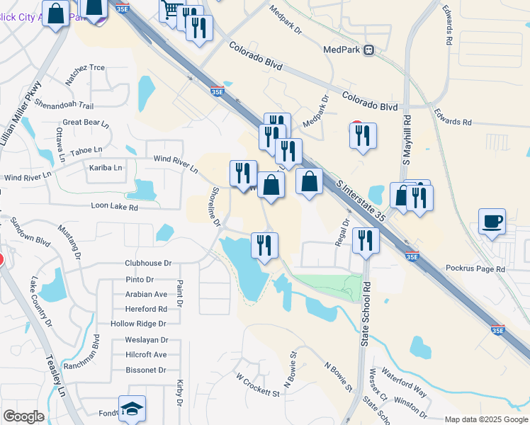 map of restaurants, bars, coffee shops, grocery stores, and more near 3206 Unicorn Lake Boulevard in Denton