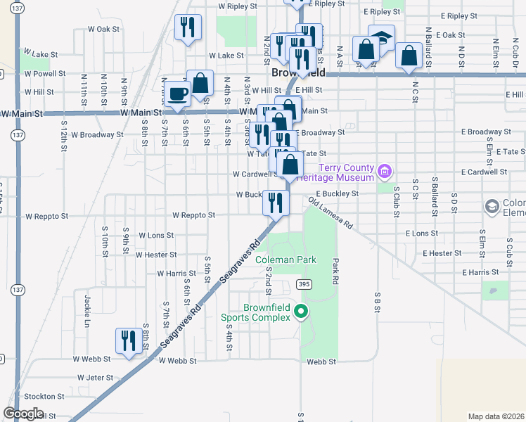 map of restaurants, bars, coffee shops, grocery stores, and more near 105 West Reppto Street in Brownfield