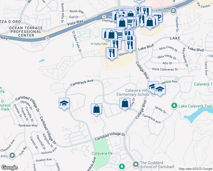 map of restaurants, bars, coffee shops, grocery stores, and more near 3512 Landsford Way in Carlsbad
