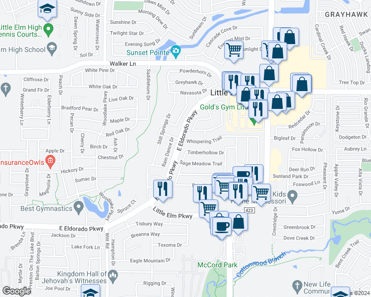 map of restaurants, bars, coffee shops, grocery stores, and more near 2601 Timberhollow Drive in Little Elm