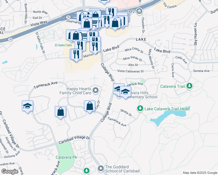 map of restaurants, bars, coffee shops, grocery stores, and more near 3720 Ridge Court in Carlsbad