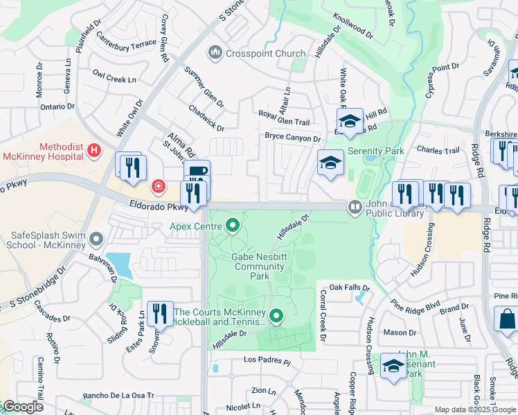 map of restaurants, bars, coffee shops, grocery stores, and more near Eldorado Parkway in McKinney