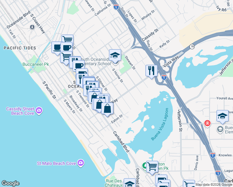 map of restaurants, bars, coffee shops, grocery stores, and more near 1935 South Nevada Street in Oceanside