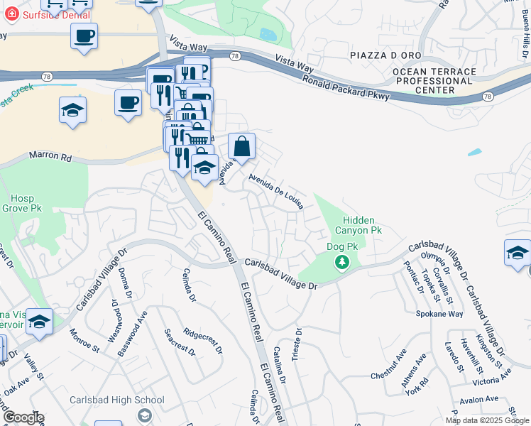 map of restaurants, bars, coffee shops, grocery stores, and more near 2602 Via Bocas in Carlsbad