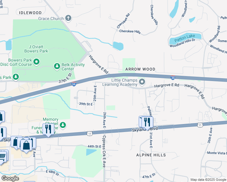 map of restaurants, bars, coffee shops, grocery stores, and more near 2623 Hargrove Road East in Tuscaloosa