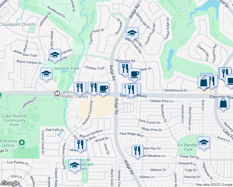 map of restaurants, bars, coffee shops, grocery stores, and more near 6524 Eldorado Parkway in McKinney