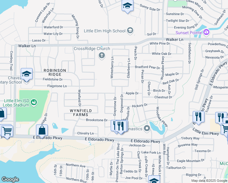 map of restaurants, bars, coffee shops, grocery stores, and more near 1641 Thornhill Lane in Little Elm