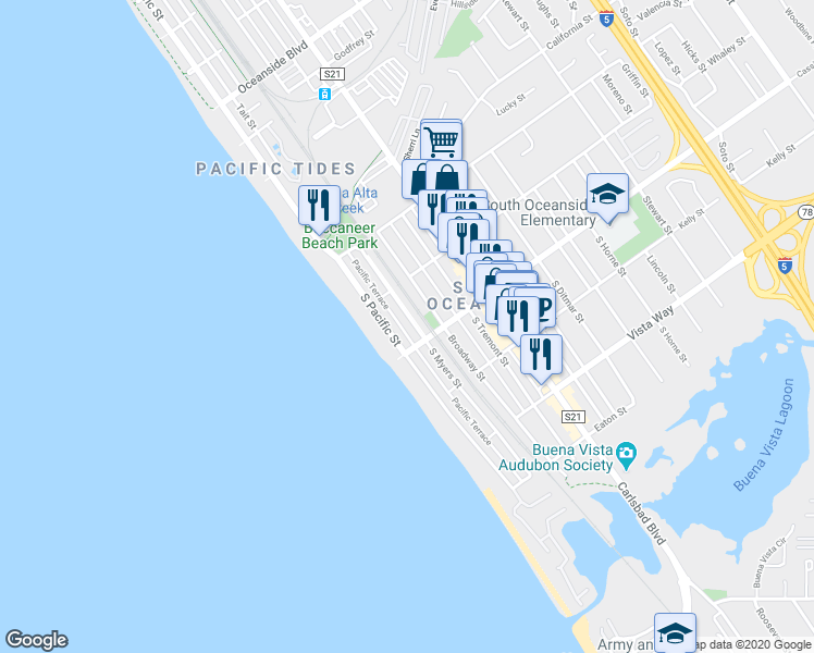 map of restaurants, bars, coffee shops, grocery stores, and more near 1728 South Pacific Street in Oceanside