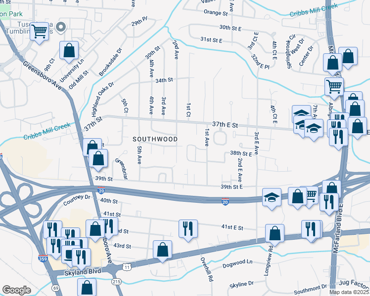 map of restaurants, bars, coffee shops, grocery stores, and more near 3820 1st Avenue in Tuscaloosa