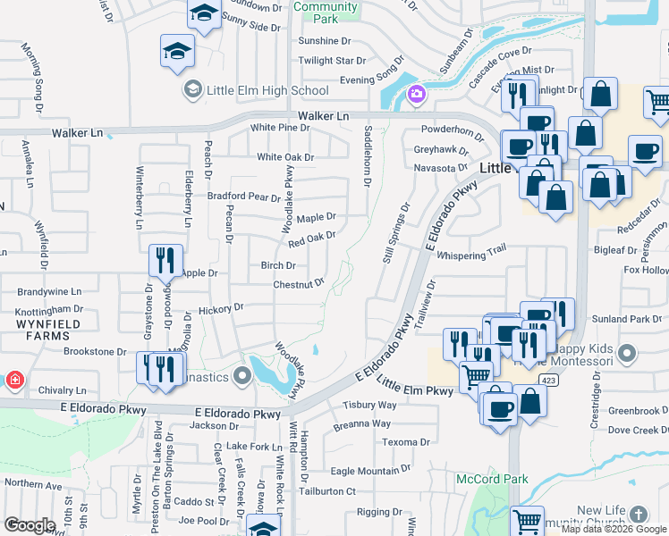 map of restaurants, bars, coffee shops, grocery stores, and more near 2409 Chestnut Drive in Little Elm