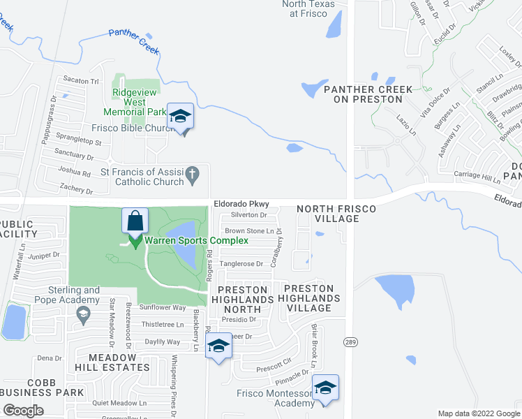 map of restaurants, bars, coffee shops, grocery stores, and more near 8502 Silverton Drive in Frisco