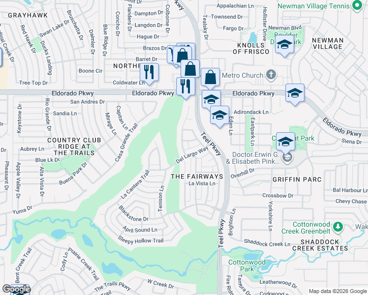 map of restaurants, bars, coffee shops, grocery stores, and more near 2802 Del Largo Way in Frisco