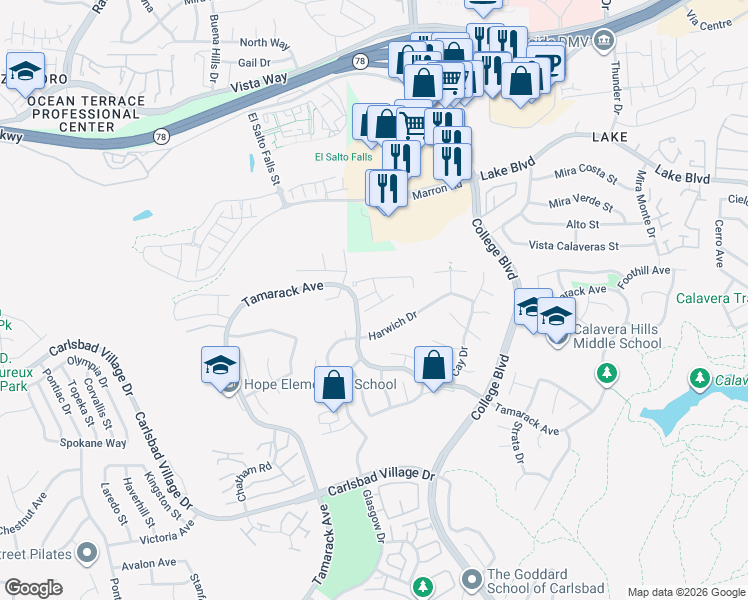 map of restaurants, bars, coffee shops, grocery stores, and more near 3516 Landsford Way in Carlsbad