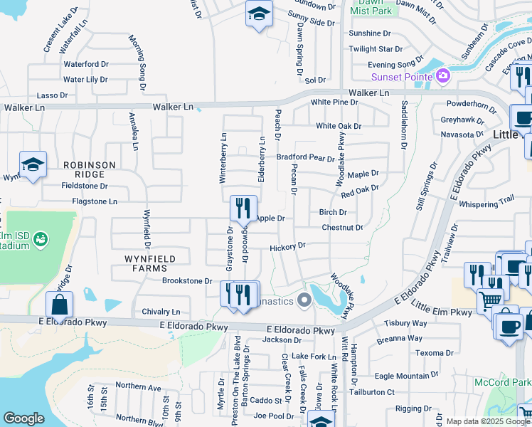 map of restaurants, bars, coffee shops, grocery stores, and more near 2021 Apple Drive in Little Elm
