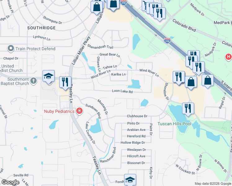 map of restaurants, bars, coffee shops, grocery stores, and more near 2501 Pioneer Drive in Denton