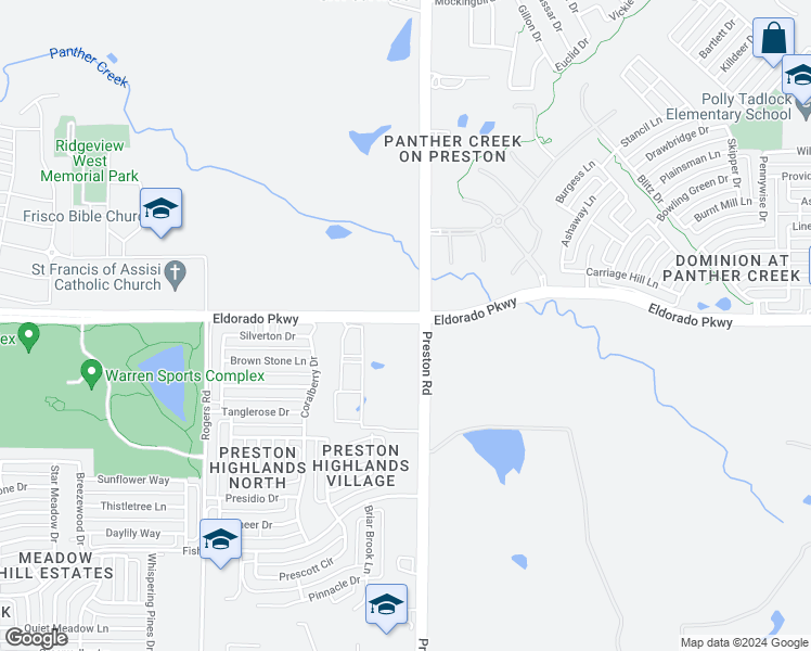 map of restaurants, bars, coffee shops, grocery stores, and more near 11655 Preston Road in Frisco
