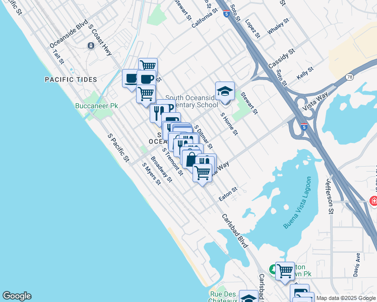 map of restaurants, bars, coffee shops, grocery stores, and more near 1905 South Freeman Street in Oceanside