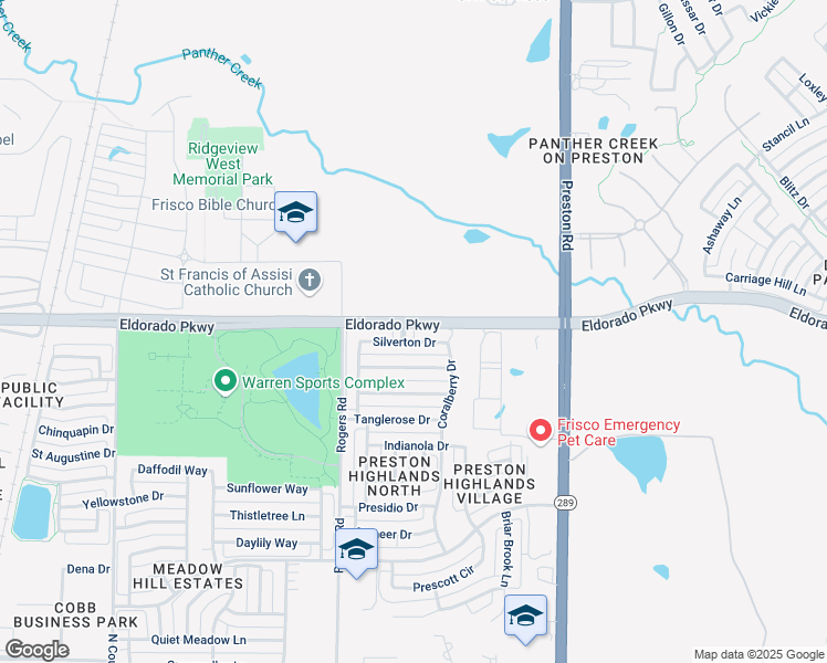 map of restaurants, bars, coffee shops, grocery stores, and more near 8502 Silverton Drive in Frisco
