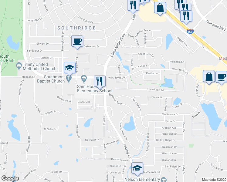 map of restaurants, bars, coffee shops, grocery stores, and more near 2004 Loon Lake Road in Denton