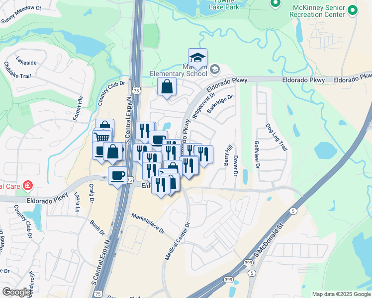 map of restaurants, bars, coffee shops, grocery stores, and more near 1514 Sandy Ridge Drive in McKinney