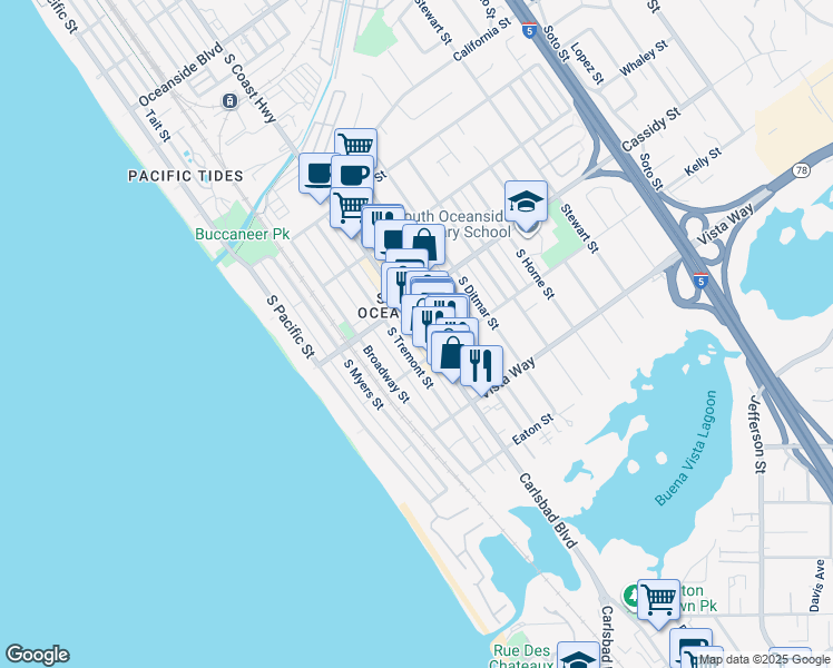 map of restaurants, bars, coffee shops, grocery stores, and more near 1821 South Coast Highway in Oceanside