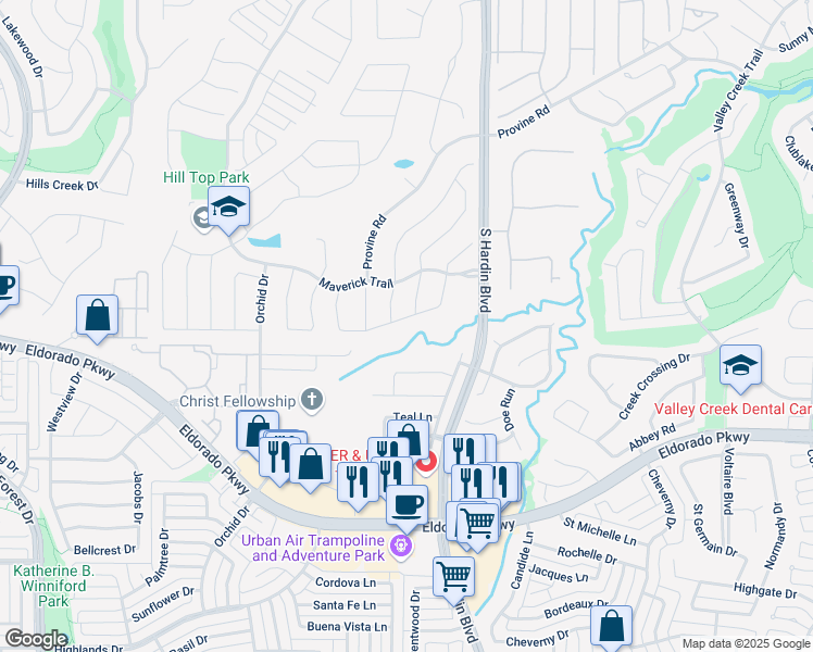 map of restaurants, bars, coffee shops, grocery stores, and more near 3205 Gillespie Road in McKinney