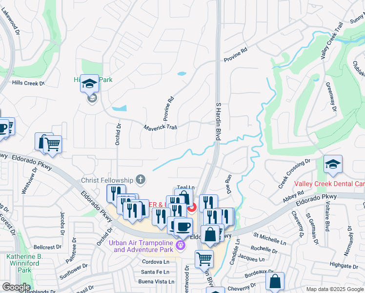 map of restaurants, bars, coffee shops, grocery stores, and more near 3205 Gillespie Road in McKinney