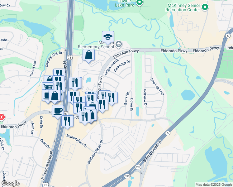 map of restaurants, bars, coffee shops, grocery stores, and more near 1315 Meadowbrook Drive in McKinney